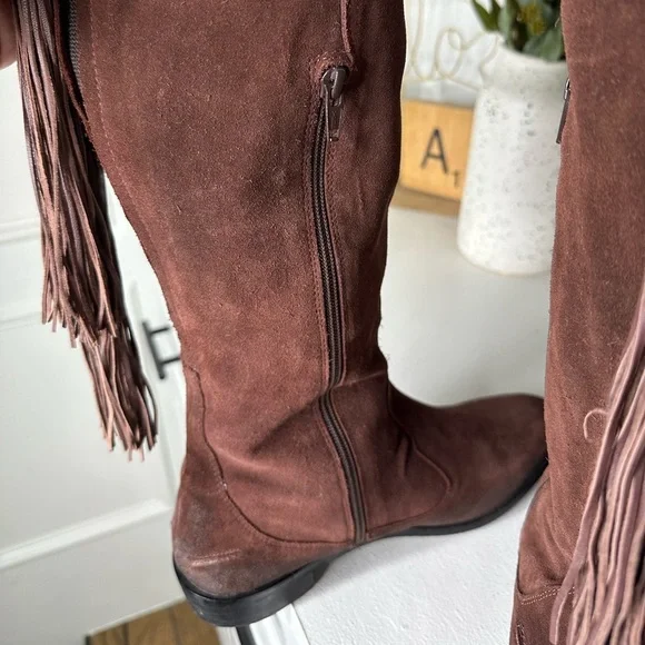 Free People Mahogany Suede Knee-High Fringe Maddox Boots -Size 41 US 10 - Picture 9 of 12